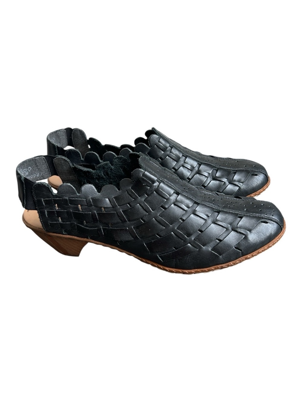 Rieker Sina 78 Black Leather Woven Slingback Low Heel Shoes Scalloped Size 41/10